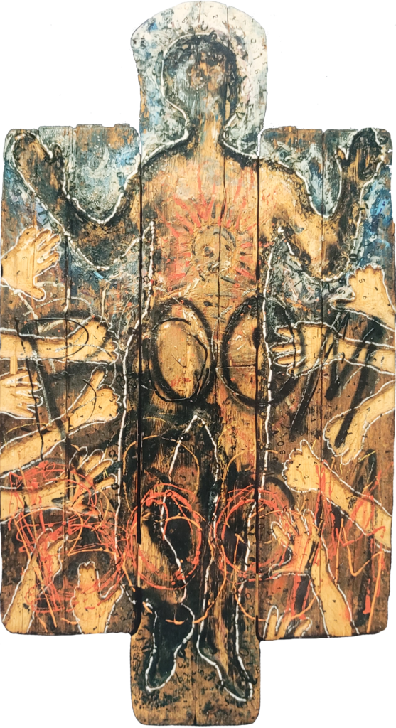 Scolpire il Tempo, 1990, Giancarlo Gelsomino. 198 x 111 cm, tecnica mista su legno. 