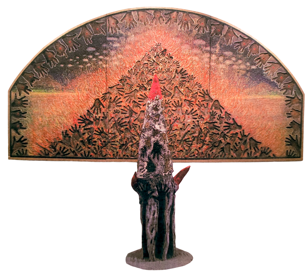 Sui Roghi e sui falo, 1996, Giancarlo Gelsomino. 360 x 180 cm, tecnica mista su legno.